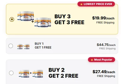 Official Slim Soda checkout showing three bundles with free shipping: buy 3 get 3 free at $19.99 per jar, buy 1 get 1 free at $44.75 per jar, and buy 2 get 2 free at $27.49 per jar.