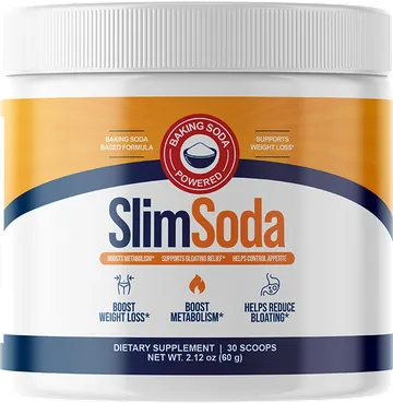 Slim Soda jar. The front label reads baking soda based formula, dietary supplement, 30 scoops, net weight 2.12 ounces.
