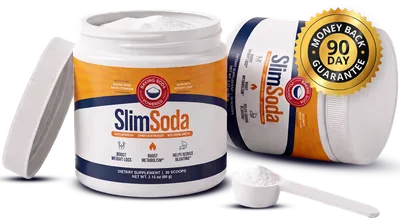 Open Slim Soda jar filled with white powder, a measuring scoop and a 90-day money-back guarantee seal.